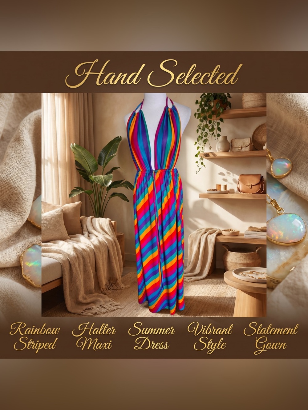 Vintage 70s Rainbow Stripe Deep V Halter Maxi Dress Open Back Boho Pride S